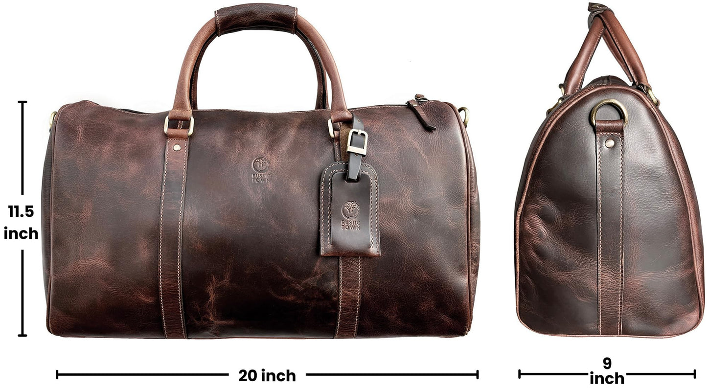 Leather Duffle Bag for Men - Full Grain Leather Travel Bag - TSA Approved Carry On Weekender Overnight Duffel Bag (Brown, 20 inch)