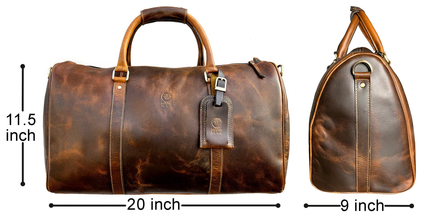 Leather Duffle Bag for Men - Full Grain Leather Travel Bag - TSA Approved Carry On Weekender Overnight Duffel Bag (Brown, 20 inch)