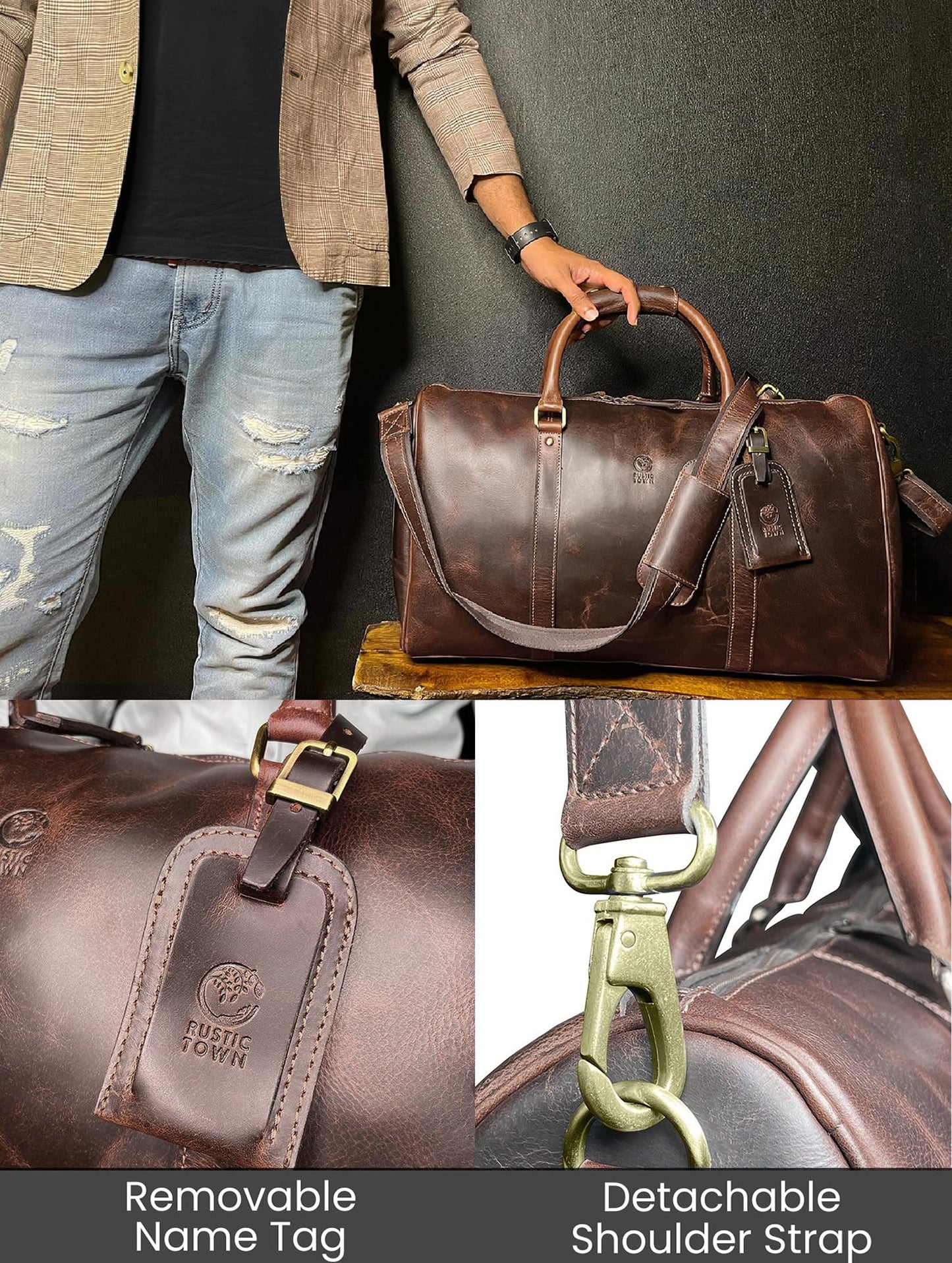 Leather Duffle Bag for Men - Full Grain Leather Travel Bag - TSA Approved Carry On Weekender Overnight Duffel Bag (Brown, 20 inch)