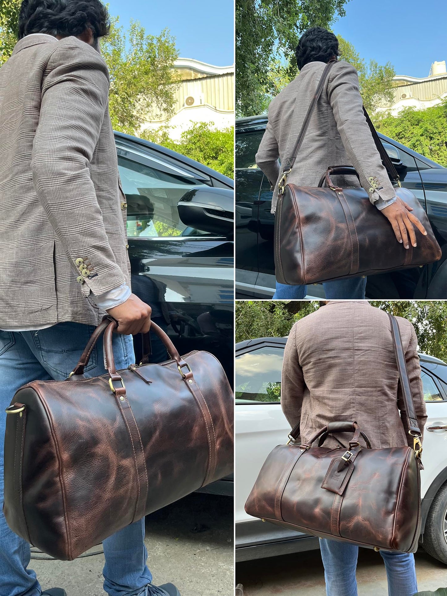 Leather Duffle Bag for Men - Full Grain Leather Travel Bag - TSA Approved Carry On Weekender Overnight Duffel Bag (Brown, 20 inch)