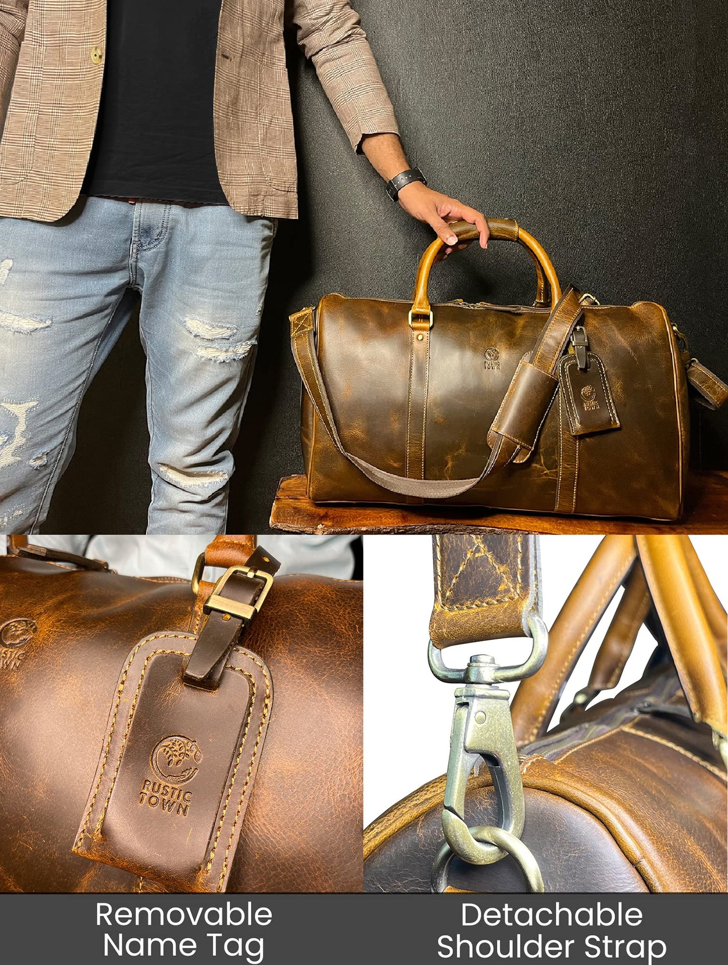 Leather Duffle Bag for Men - Full Grain Leather Travel Bag - TSA Approved Carry On Weekender Overnight Duffel Bag (Brown, 20 inch)