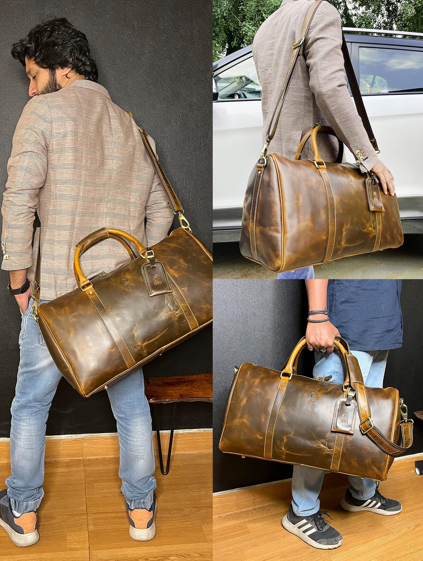 Leather Duffle Bag for Men - Full Grain Leather Travel Bag - TSA Approved Carry On Weekender Overnight Duffel Bag (Brown, 20 inch)